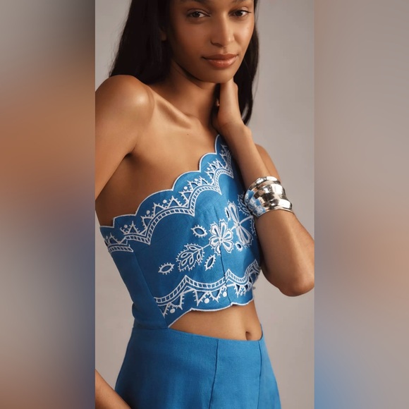 FARM Rio Anthropologie One Shoulder Cut Out Embroidered Linen Jumpsuit Blue M - Picture 4 of 11